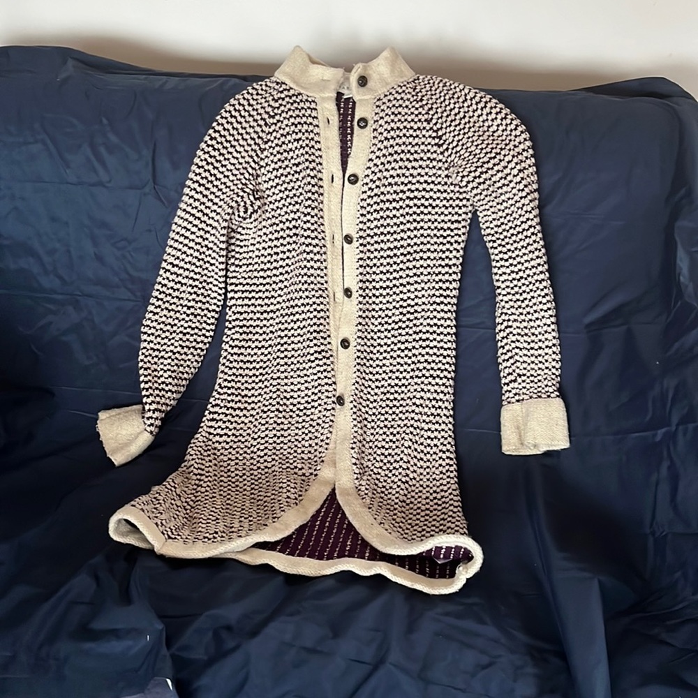 Sabine long Women’s knit cardigan, purple and white, very cozy!
